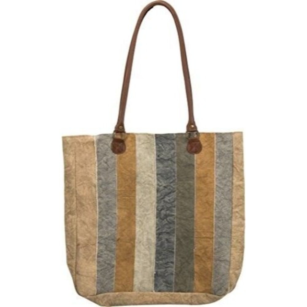 Upcycled Canvas Tote Bag Shoulder Handbag Striped Leather Handle